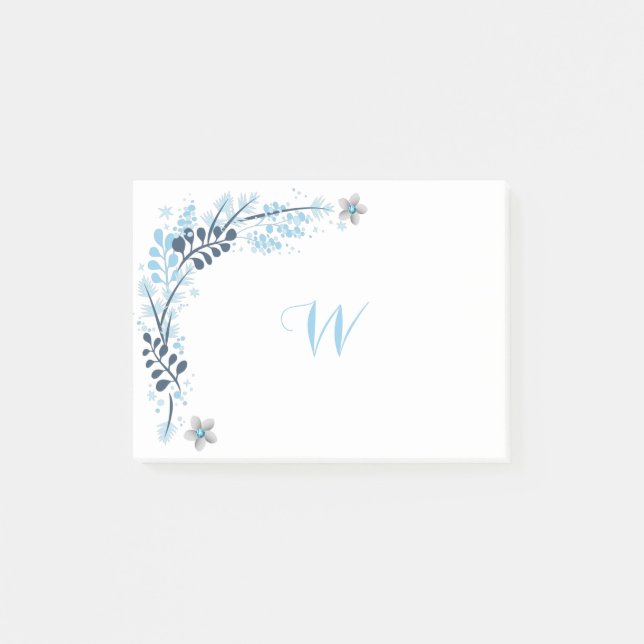 Blue Winter Blommigt Monogram Post-it Block (Framsida)