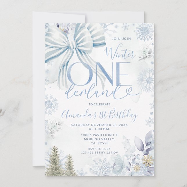 Blue Winter Bow Onederland Snowflake 1st Birthday Inbjudningar (Framsida)