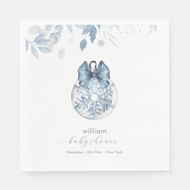 Blue Winter Bow Snowflake Ornament Baby Shower  Pappersservett (Framsidan)