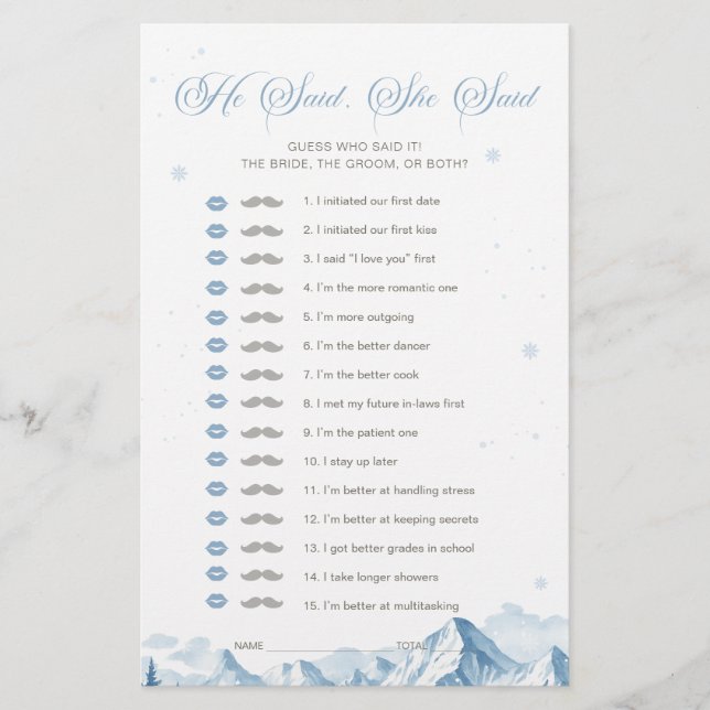 Blue Winter Bridal Shower He Said She Said Game (Framsida)