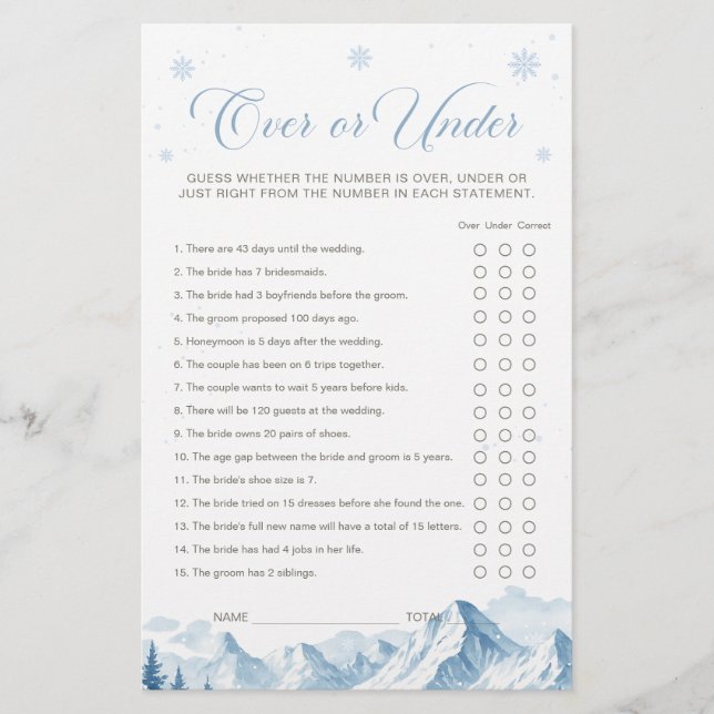 Blue Winter Bridal Shower Over or Under Game (Framsida)