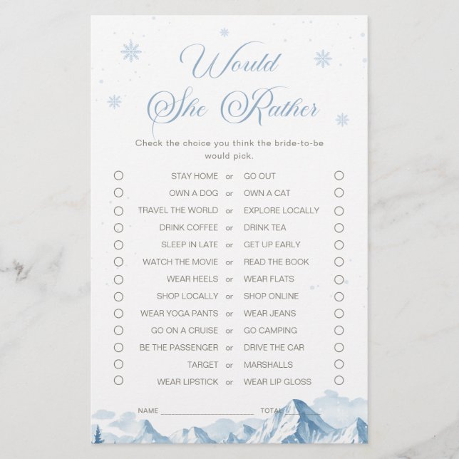 Blue Winter Bridal Shower Would She Rather Game (Framsida)