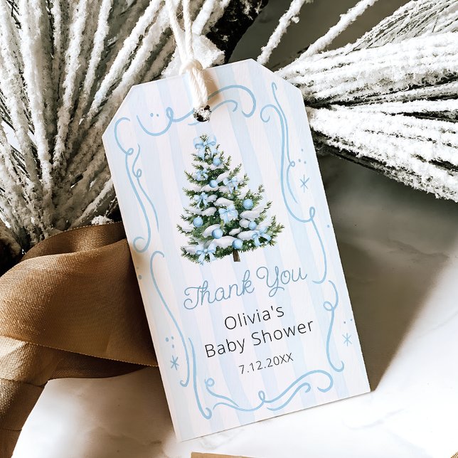 Blue Winter Christmas Tree Baby Shower Presentetikett (Skapare uppladdad)