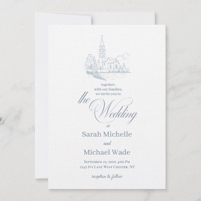 Blue Winter Church Calligraphy Wedding Invitation Inbjudningar (Framsida)