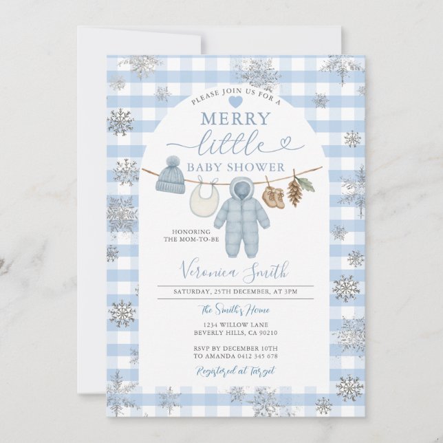 Blue Winter Clothesline Merry Little Baby Shower Inbjudningar (Framsida)