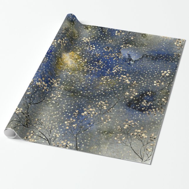 Blue Winter Dusk Himlar Guld Berries & Snowfalls Presentpapper (Utrullad)