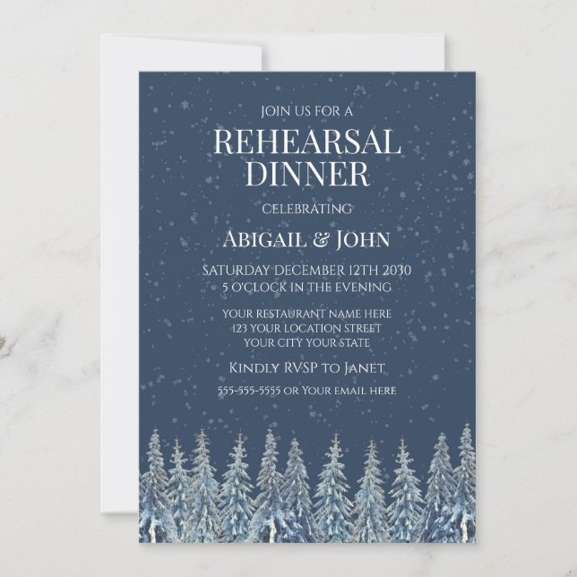 Blue Winter Forest Rustic Rehearsal Dinner Inbjudningar (Framsida)