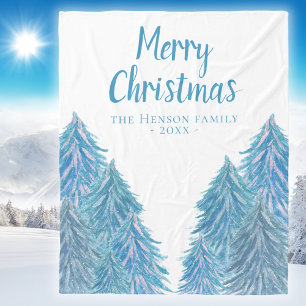 Blue Winter Forest Träd Watercolor jul Fleec Fleecefilt