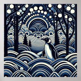 Blue Winter Midnight Kung Penguin Abstrakt Forest Poster