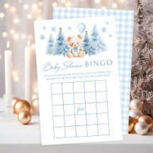Blue Winter Nalle Bow Baby Shower Game Bingo