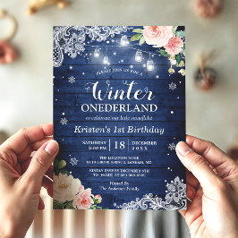 Blue Winter Onederland Blommigt Baby Första födels Inbjudningar