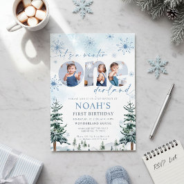 Blue Winter Onederland Boy Bday Photo Invitation Inbjudningar