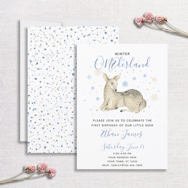 Blue Winter ONEderland Hjort Baby 1st Birthday Inbjudningar (Skapare uppladdad)