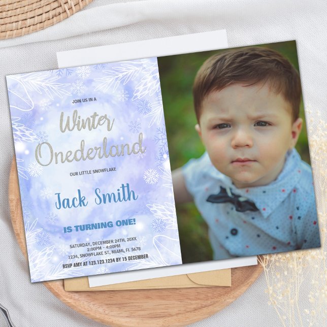 Blue Winter ONEderland-inbjudningar Silver Photo Inbjudningar (Blue Winter ONEderland Invitations Silver Photo)