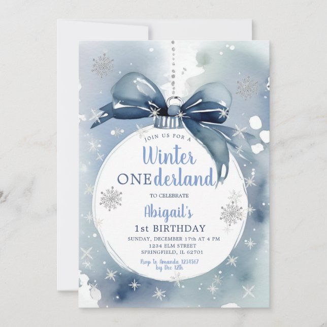 Blue Winter Onederland jul Ornament Birthday Inbjudningar (Framsida)