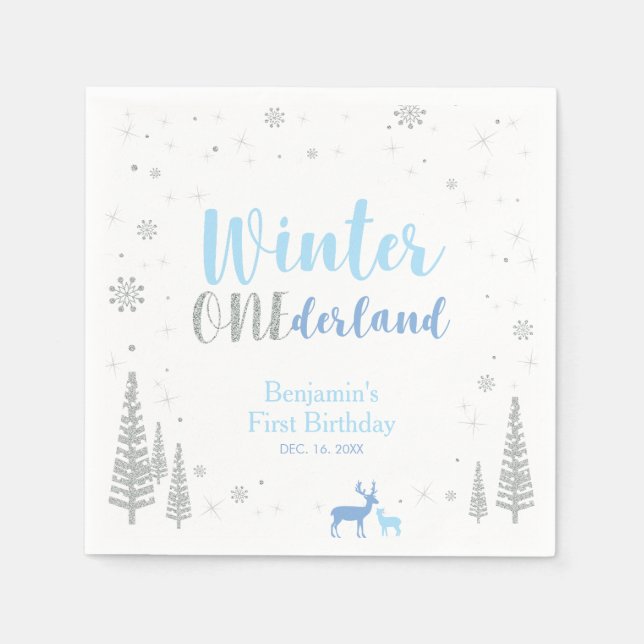 Blue Winter Onederland Pojke 1-års Födelsedagsfest Pappersservett (Framsidan)
