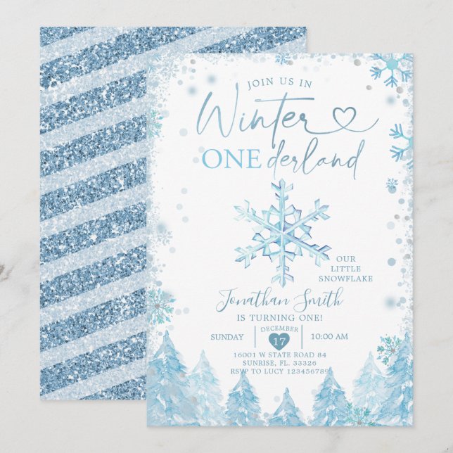 Blue Winter Onederland Snowflake 1st Birthday Inbjudningar (Fram/baksida)
