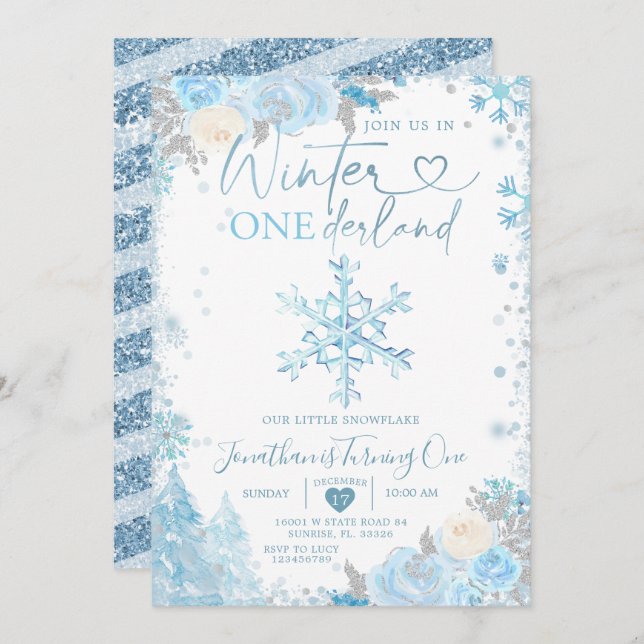 Blue Winter Onederland Snowflake 1st Birthday Invi Inbjudningar (Fram/baksida)