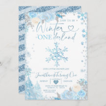 Blue Winter Onederland Snowflake 1st Birthday Invi