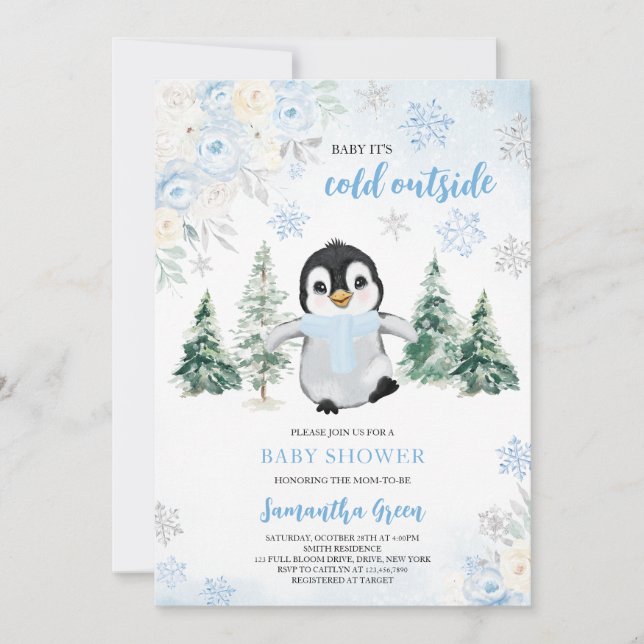 Blue Winter Penguin Baby Shower Inbjudningar (Framsida)