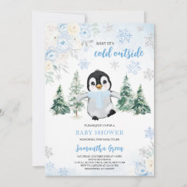 Blue Winter Penguin Baby Shower Inbjudningar