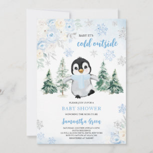 Blue Winter Penguin Baby Shower Inbjudningar