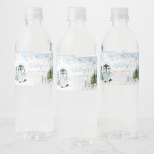 Blue Winter Penguin Baby Shower Vattenflaskor Etikett