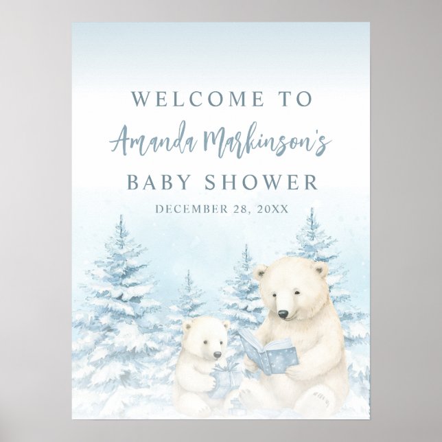 Blue Winter Polar Bear Watercolor Welcome Sign Poster (Framsidan)