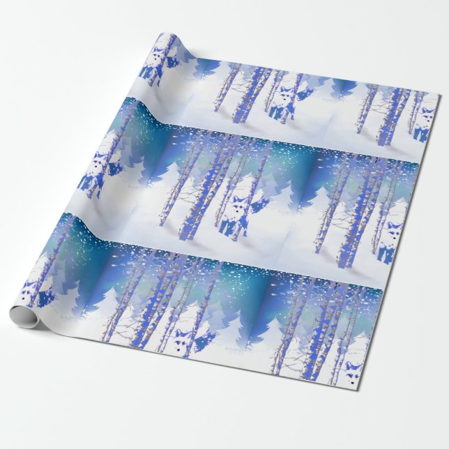Blue Winter Snö Forest Fox Animal Presentpapper (Utrullad)