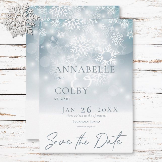 Blue Winter Snö Modern Bröllop Spara Datumet (Blue Winter Snow Modern Wedding Save The Date)