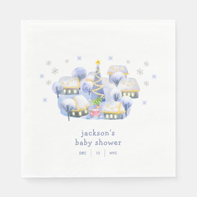 Blue Winter Snow It Take A Village Baby Shower  Pappersservett (Framsidan)