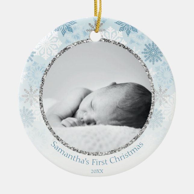 Blue Winter Snowflake Baby Första jul Julgransprydnad Keramik (Framsidan)