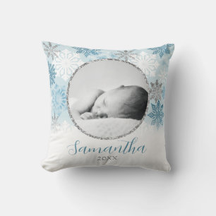 Blue Winter Snowflake Personlig Baby Photo Kudde