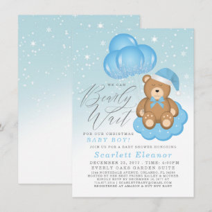 Blue Winter Sömnig Bear Balloons Boy Shower Inbjudningar
