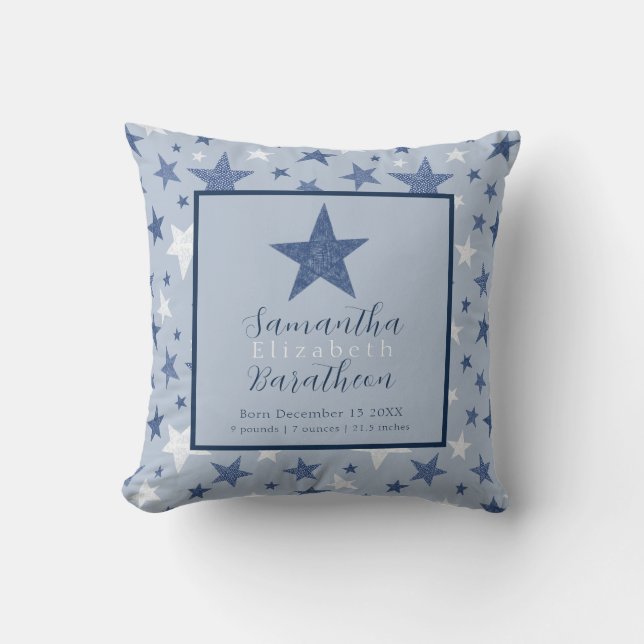 Blue Winter Stars Personlig Baby Birth Stat Kudde (Framsida)