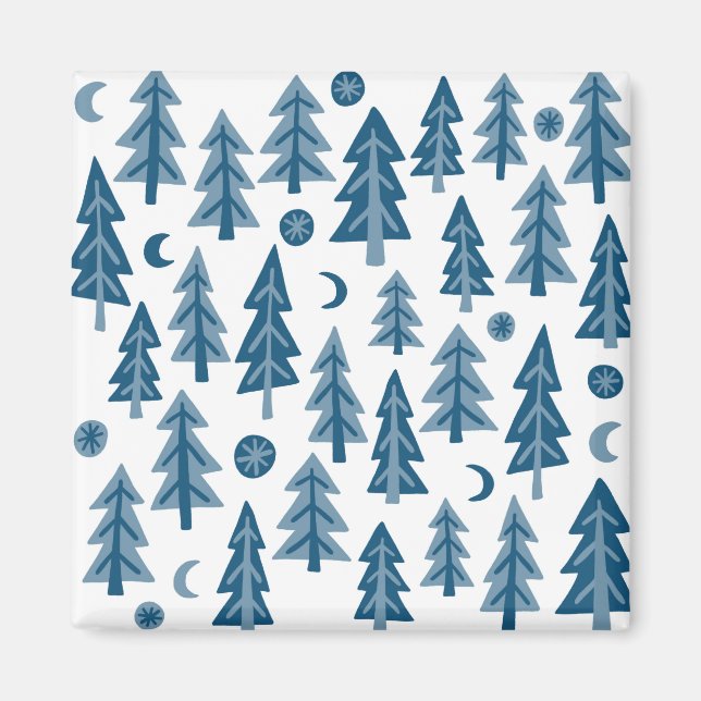 Blue Winter Träd Moonlight Forest Magnet (Framsidan)