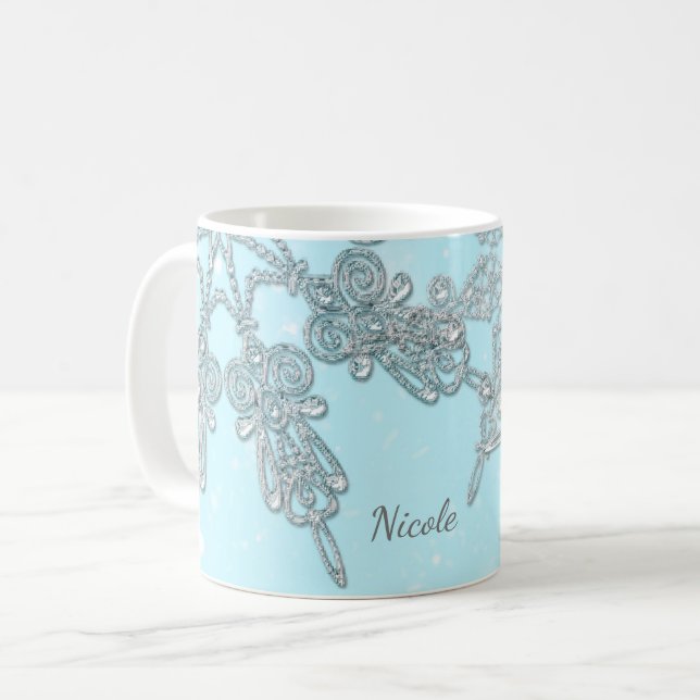 Blue Winter Wonderland Elegant Silver Snöflingor Kaffemugg (Framsida vänster)