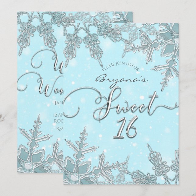 Blue Winter Wonderland Elegant Snöflingor Sweet 16 Inbjudningar (Fram/baksida)