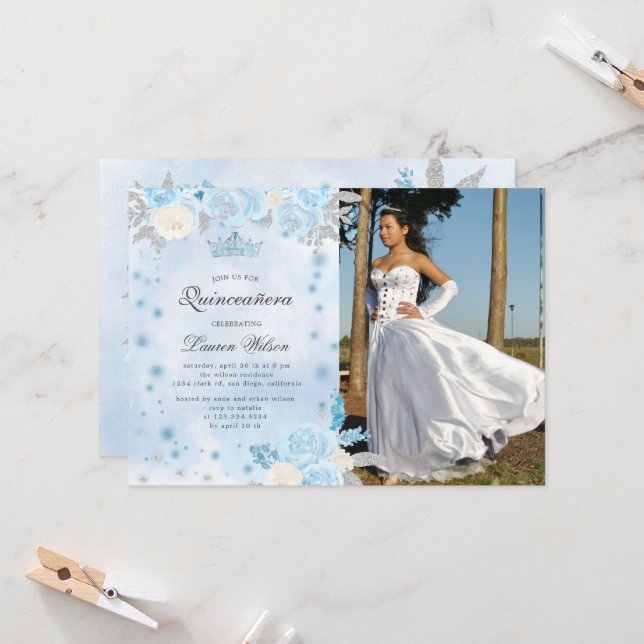 Blue Winter Wonderland Quinceanera-inbjudan Inbjudningar (Fram/Back In Situ)