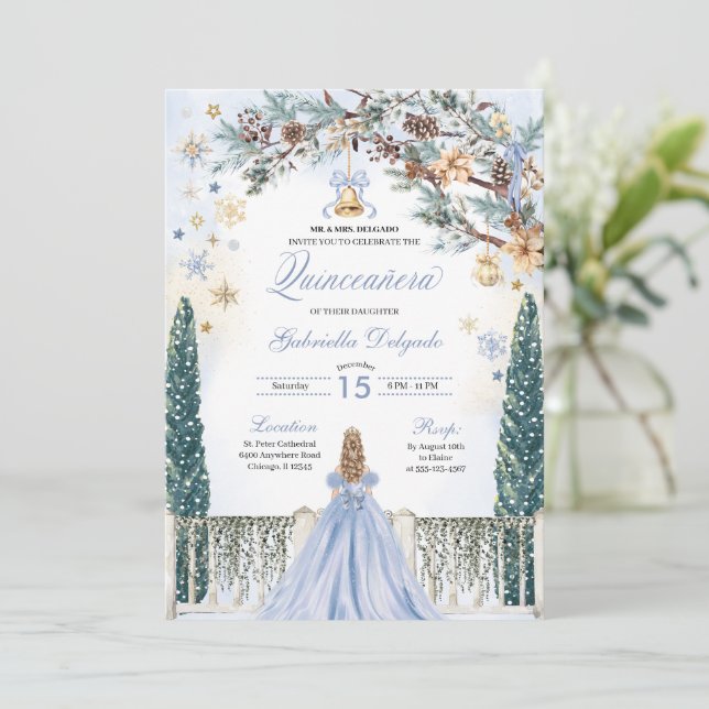 Blue Winter Wonderland Snowflake Quinceanera Inbjudningar (Stående Fram)