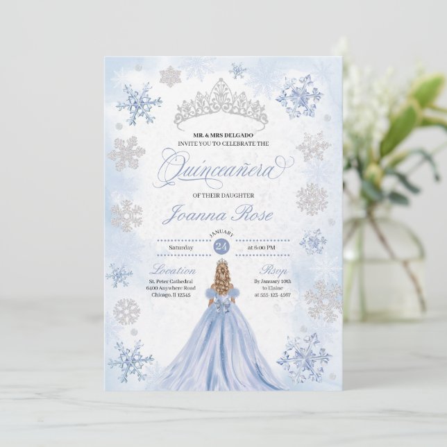 Blue Winter Wonderland Snowflake Quinceanera Inbjudningar (Stående Fram)