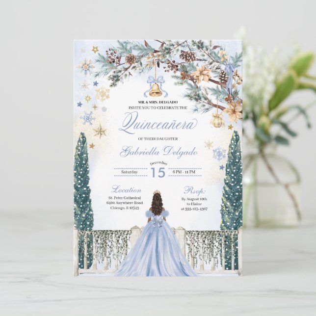 Blue Winter Wonderland Snowflake Quinceanera Inbjudningar (Stående Fram)