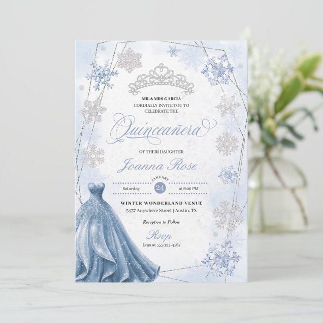 Blue Winter Wonderland Snowflake Quinceanera Inbjudningar (Stående Fram)