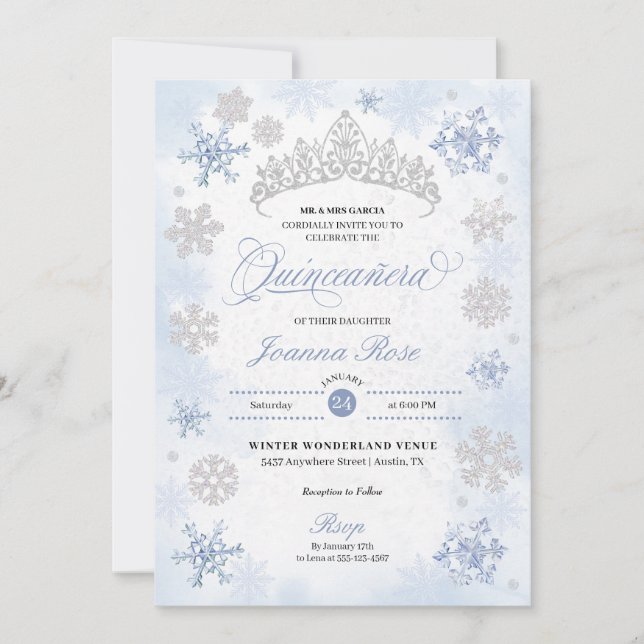 Blue Winter Wonderland Snowflake Quinceanera Inbjudningar (Framsida)