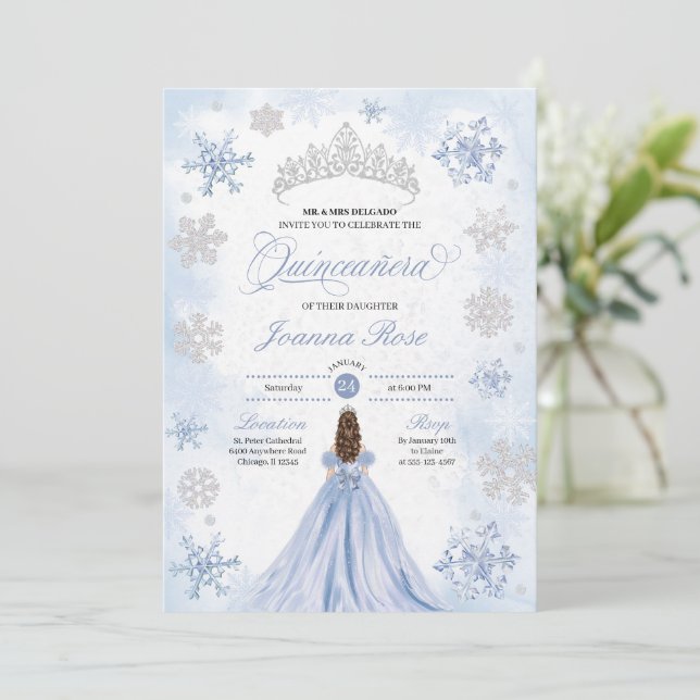 Blue Winter Wonderland Snowflake Quinceanera Inbjudningar (Stående Fram)
