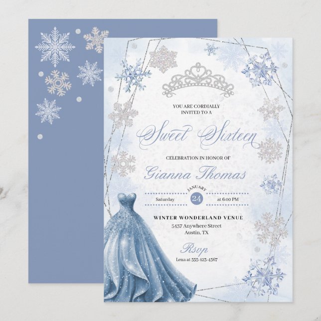 Blue Winter Wonderland Snowflake Sweet 16 Inbjudningar (Fram/baksida)