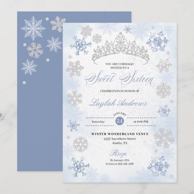 Blue Winter Wonderland Snowflake Sweet 16 Inbjudningar (Fram/baksida)