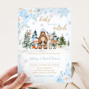 Blue Winter Woodland Animals Baby Shower Inbjudningar