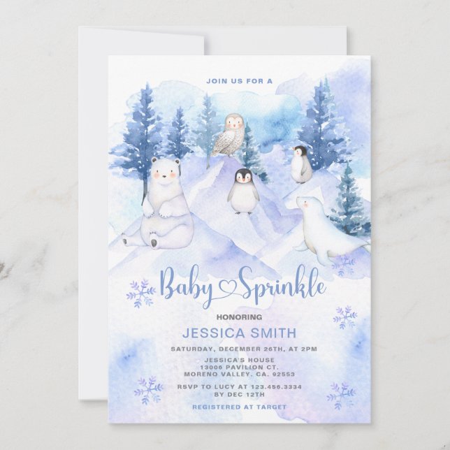 Blue Winter Woodland Arctic Animals Baby Sprinkle Inbjudningar (Framsida)