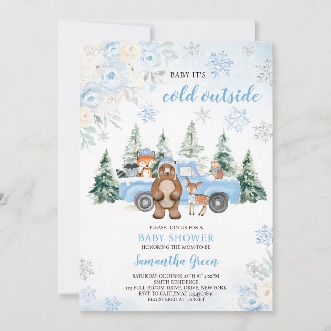 Blue Winter Woodland Baby Shower Inbjudningar (Framsida)